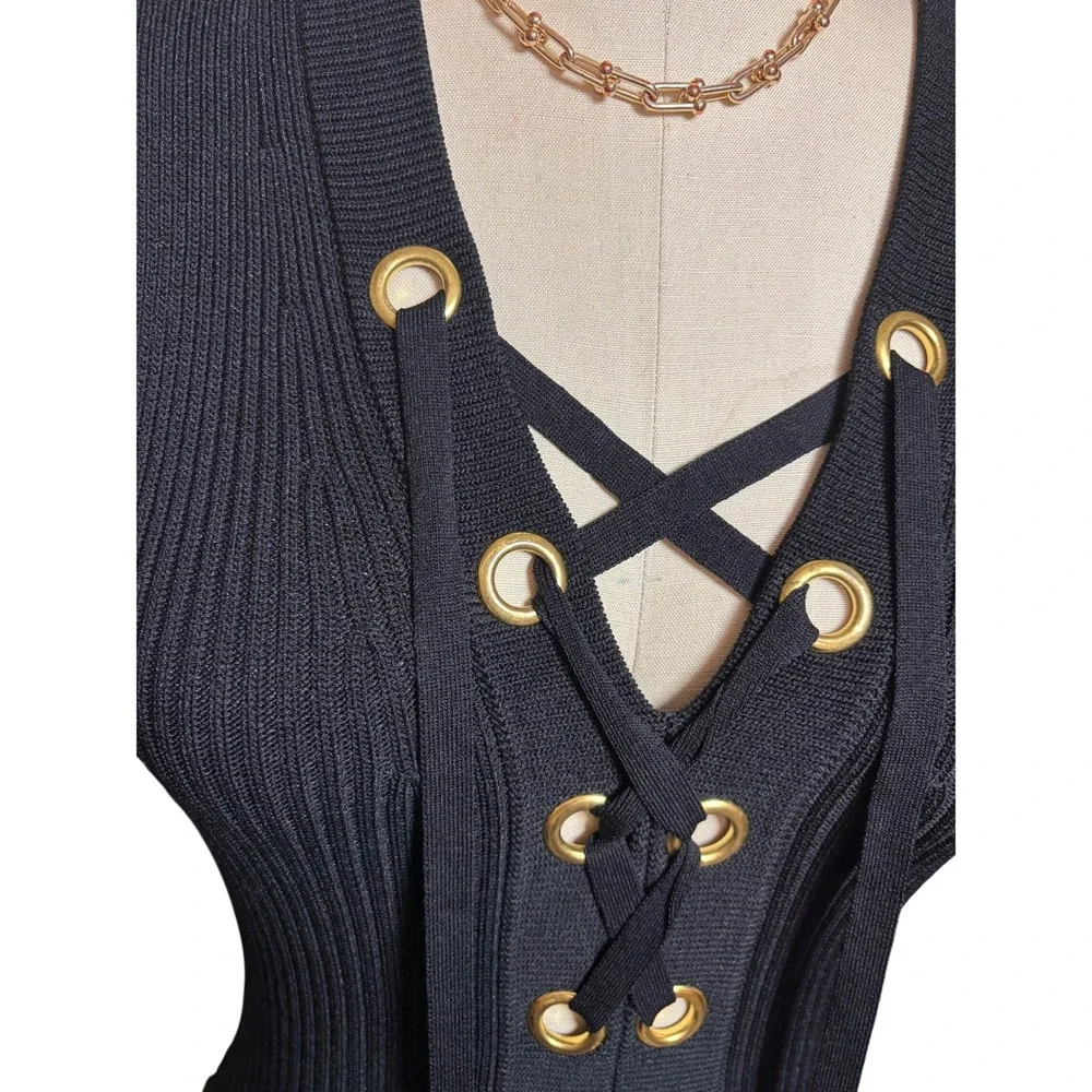 Lace Up Grommet Michael Kors Ribbed Knit Sheath Dress XS Black